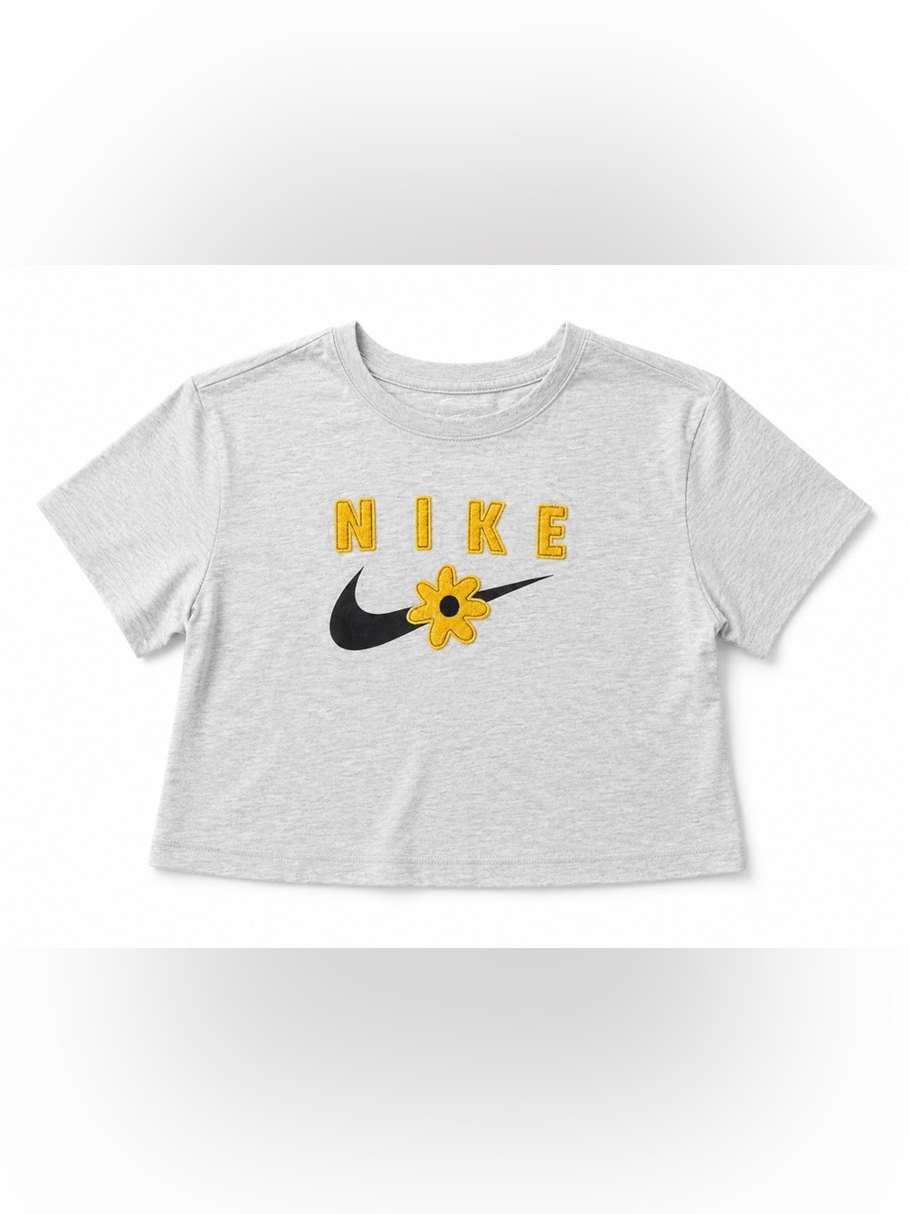 Nike White Cropped Tee with Yellow Logo and Black Swoosh